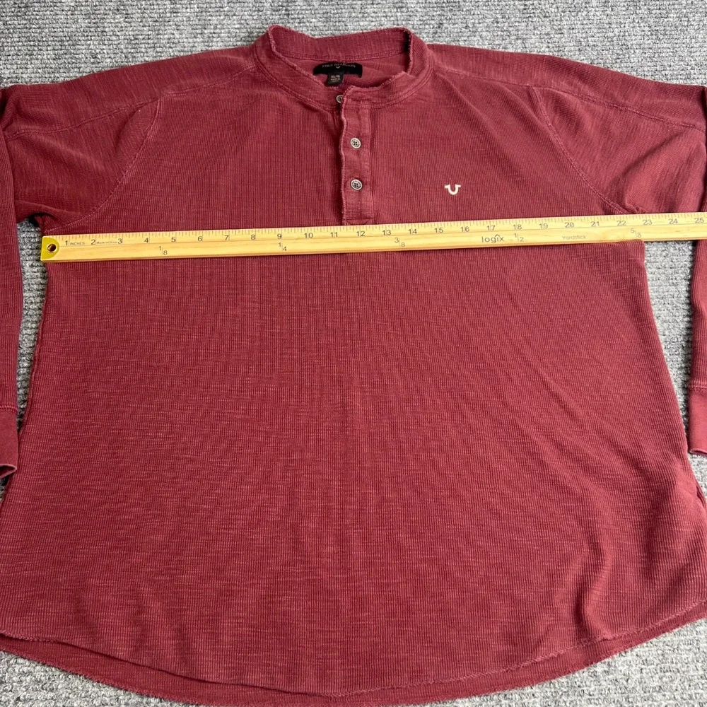 True Religion Mens XL Burgundy Waffle Knit Thermal Long Sleeve Henley Shirt